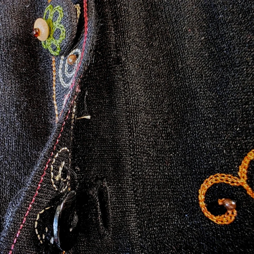 Jack B. Quick Floral Embroidered Knit Cardigan Black Ramie Cotton Sweater M